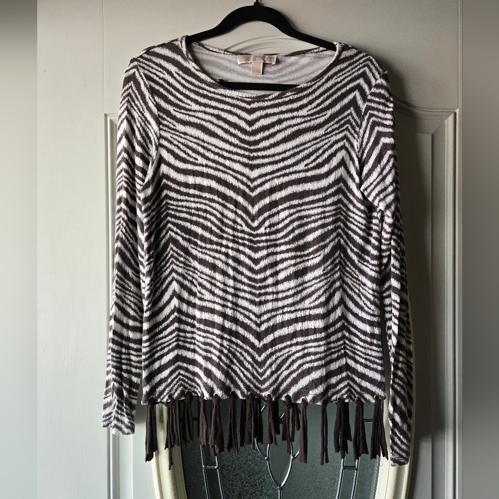 Michael‎ Kors Zebra Print Long Sleeve Fringe Hem Top Size Medium